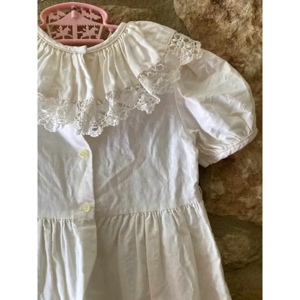 Vintage 80's Paper White Heirloom Dress - 4T - Hand Embroidered Linen Cotton